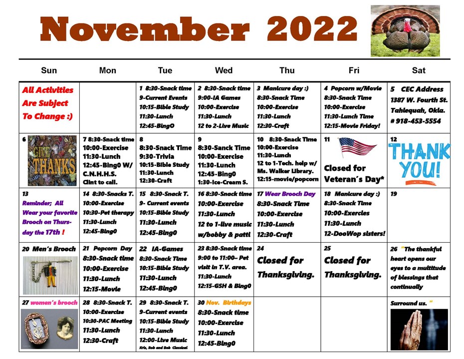 October 2022 Activities Calendar